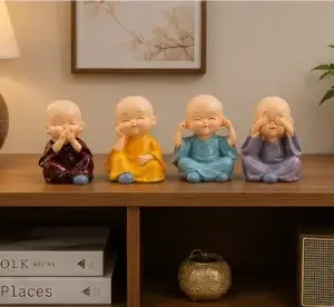 Mini Buddha Monk Statue Set (Pack of 4) – Cute Resin Buddha Figurines for Car Dashboard, Tabletop, Home & Office Décor ( multicolor, OS )