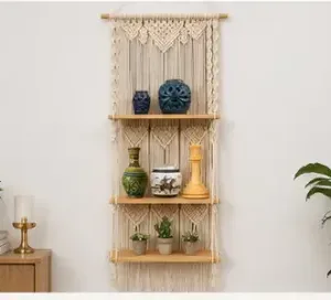 Boho Handmade Macrame Wall Hanging Wooden Floating Shelf – Decorative Storage Shelf for Plants, Books & Home Décor (Off-White) ( default, OS )