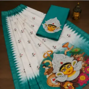 Digital Print Cotton Linen Saree with Blouse ( blue, Free Size )