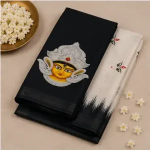 Digital Print Cotton Linen Saree with Blouse ( black, Free Size )