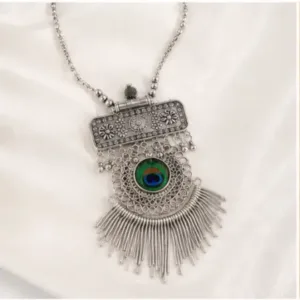 Tilli Peacock Necklace with Earrings for Women, Oxidised Silver Jewellery Set, Adjustable Necklace Combo, 1 Set ( default, Free Size )