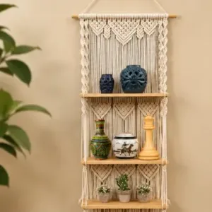 Boho Handmade Macrame Wall Hanging Wooden Floating Shelf – Decorative Storage Shelf for Plants, Books & Home Décor (Off-White) ( default, OS )