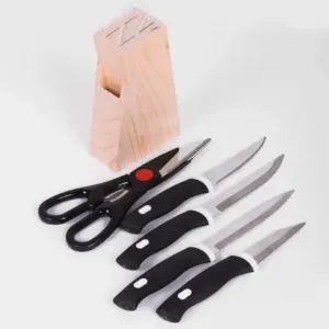 Kitchen Knife Set with Wooden Block & Scissors | 5-Piece Tempered Steel Knife Set (Black) ( default, OS )