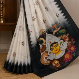 Digital Print Cotton Linen Saree with Blouse ( black, Free Size )