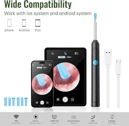MleUqxmqb5WkTs8ErNvKY6bMrR1uYTIHR07qdIXW.webp Earwax Removal Tool Kit with HD Camera Wifi Connection & 6 LED Lights Endoscope Tool Ear Cleaner for iOS & Android + 11 Silicone Tips Free- Black ( black, Standard )