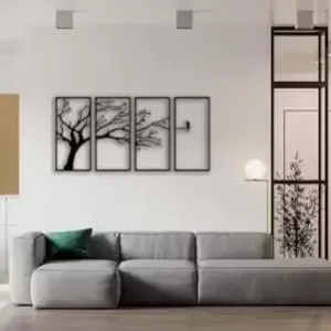 4 Panel Wooden Wall Art – Tree & Bird Design ( default, OS )
