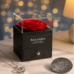 Preserved Rose Flower Gift with Heart Necklace – Romantic Anniversary, Birthday & Valentine Gift for Girlfriend or Wife ( default, OS )