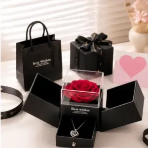 Preserved Rose Flower Gift with Heart Necklace – Romantic Anniversary, Birthday & Valentine Gift for Girlfriend or Wife ( default, OS )