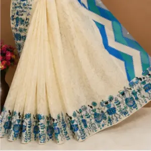 Silk Saree with Blouse, Khadi Silk Designer Printed Saree for Women, 1 Pc ( white, Free Size )