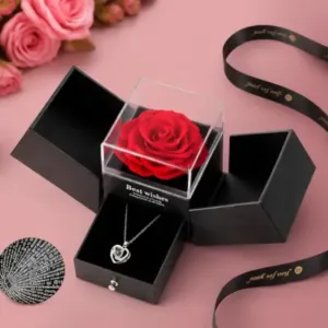 Preserved Rose Flower Gift with Heart Necklace – Romantic Anniversary, Birthday & Valentine Gift for Girlfriend or Wife ( default, OS )