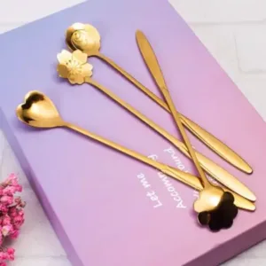 4 Pcs Golden Decorative Spoon Set – Stylish Floral Design Spoons for Kitchen & Dining ( gold, OS )