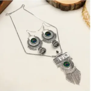 Tilli Peacock Necklace with Earrings for Women, Oxidised Silver Jewellery Set, Adjustable Necklace Combo, 1 Set ( default, Free Size )