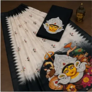 Digital Print Cotton Linen Saree with Blouse ( black, Free Size )