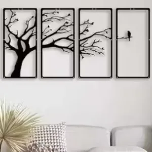 4 Panel Wooden Wall Art – Tree & Bird Design ( default, OS )