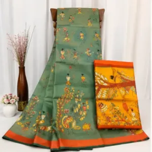 Silk Saree with Blouse, Khadi Silk Designer Printed Saree for Women, 1 Pc ( Teal, Free Size )