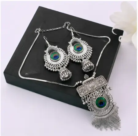 lgfP3xzyZxYaj9bE232suPjdK8gBD1uqnnyOXH1o.webp Tilli Peacock Necklace with Earrings for Women, Oxidised Silver Jewellery Set, Adjustable Necklace Combo, 1 Set ( default, Free Size )