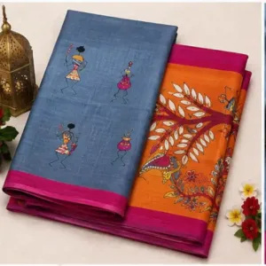 Silk Saree with Blouse, Khadi Silk Designer Printed Saree for Women,1 Pc ( grey, Free Size )
