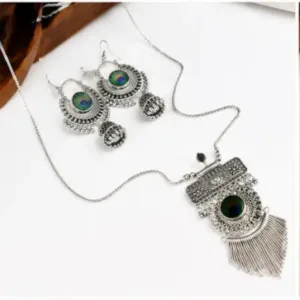 Tilli Peacock Necklace with Earrings for Women, Oxidised Silver Jewellery Set, Adjustable Necklace Combo, 1 Set ( default, Free Size )