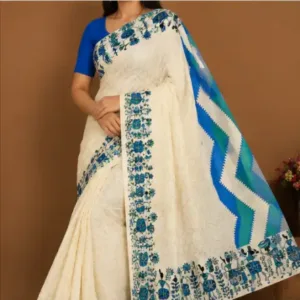 Silk Saree with Blouse, Khadi Silk Designer Printed Saree for Women, 1 Pc ( white, Free Size )