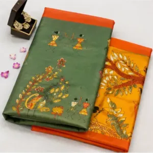 Silk Saree with Blouse, Khadi Silk Designer Printed Saree for Women, 1 Pc ( Teal, Free Size )