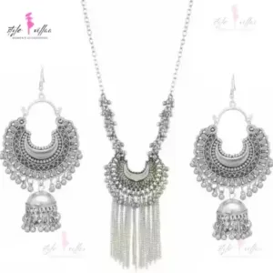 Partywear Silver Bold Necklace Set with Oxidised Finish – Necklace & Earrings for Women. ( default, Standard )