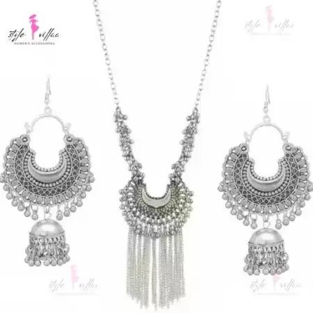 tdmWkcfYfMdYirkVXqCKF9EEZ3ZPt3yyZliW0HNT.webp Partywear Silver Bold Necklace Set with Oxidised Finish – Necklace & Earrings for Women. ( default, Standard )