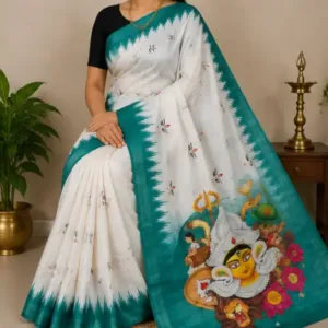 Digital Print Cotton Linen Saree with Blouse ( blue, Free Size )