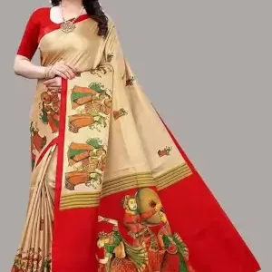 Women's Designer Art Silk Printed Saree with Separate Blouse Piece – Free Size, Elegant Party & Wedding Wear ( red, Standard ).